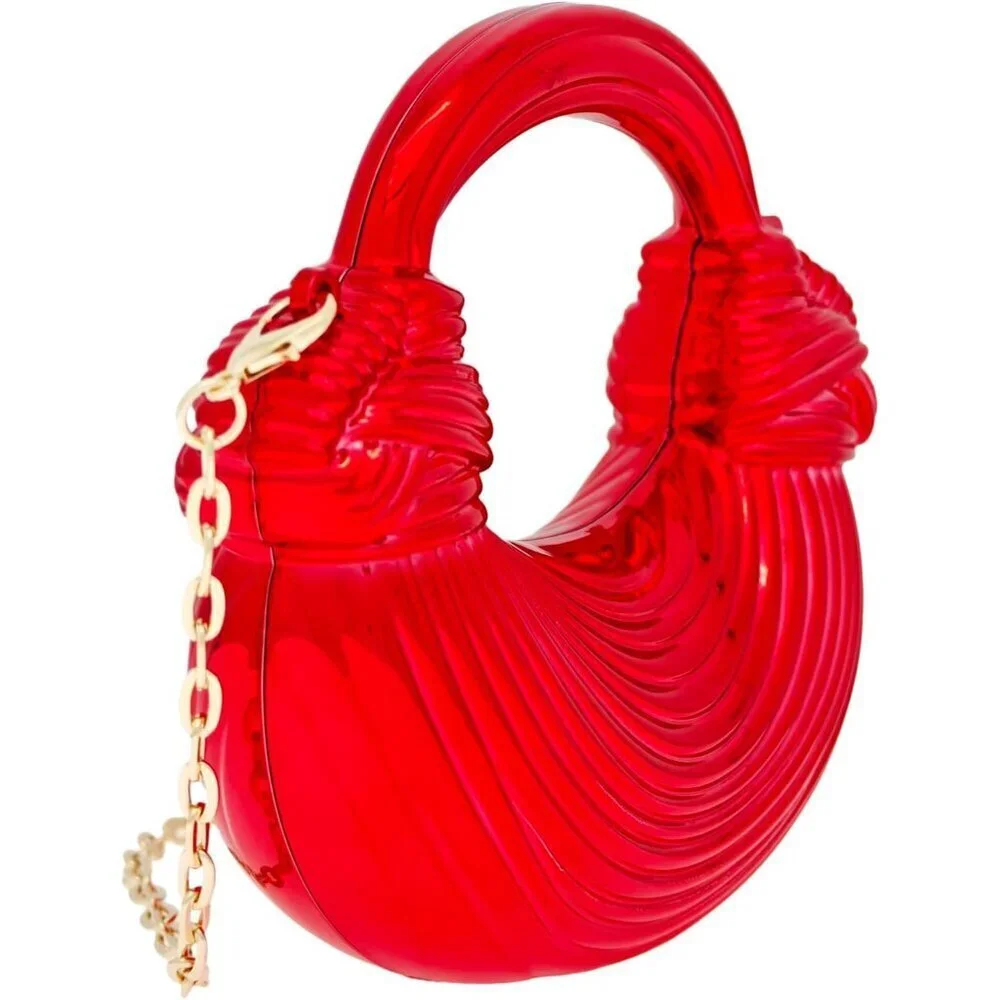 Women's Acrylic Crescent Clutch Bag Crossbody Purse with Chain Red Buckle